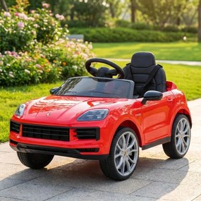 Carro elétrico para Crianças 2 a 5 anos 12V Porsche Cayenne, Rodas de espuma EVA, Controlo Remoto, assento Couro ecológico preto Vermelho