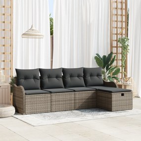 Conjunto de Sofá de Jardim de 5 Peças com Almofadas Cinzento Poliratã