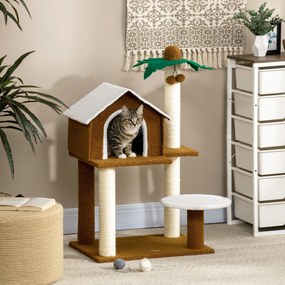 Árvore Arranhador para Gatos Altura 89cm Torre para Gatos com Casa de Pelúcia Plataforma Poste em Forma de Coqueiro de Sisal e Bolas Suspensas 55x40x8