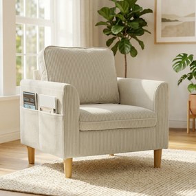 Poltrona de sala em veludo canelado 83 x 74 x 87 cm, sofá de 1 lugar estofado com assento largo e almofada com molas, bege