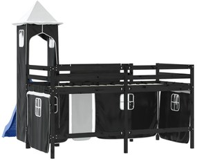 Cama alta criança c/ torre 80x200 cm pinho maciço branco/preto