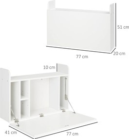 Secretária suspensa, 77 x 20 x 51 cm mesa de parede, mesa de computador de parede e prateleira rebatível com arrumação branca