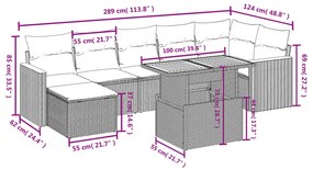 8 pcs conjunto sofás de jardim com almofadões vime PE preto