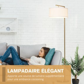 Candeeiro de pé com abajur em tecido de linho e base redonda estável para sala, escritório ou quarto – 47 x 37 x 153 cm, dourado e branco