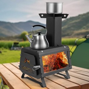 Fogão a lenha portátil com 2 posições de cozedura, pega da porta e janela de vidro resistente ao calor para cozinhar campismo