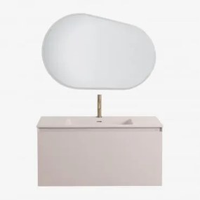 Conjunto De Móvel De Casa De Banho Suspenso Em Madeira Com Lavatório Integrado Macrae Crema Linho & Oval Led E Anti-embaciamento 100x80 Cm - Sklum