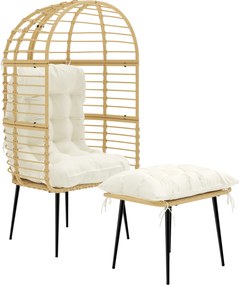 Outsunny Poltrona de jardim com pufe PE-Rattan em formato de ovo Poltrona de vime com almofadas longas &amp; grossas Estrutura metálica Bege | Aosom Portugal
