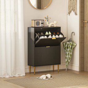Sapateira 60 x 24 x 91,5 cm com capacidade para 12 pares, com 2 gavetas rebatíveis, portas caneladas e prateleiras ajustáveis, preto