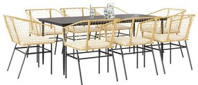 Conjunto jantar jardim 9 peças almofadas vidro vime PE castanho