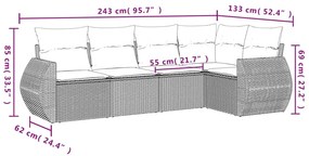 5 pcs conjunto sofás p/ jardim c/ almofadões vime PE castanho