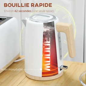 Conjunto de chaleira e torradeira, 1,7 L, 2200 W, torradeira para 2 fatias com 7 níveis de torragem, branco