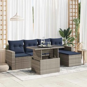 6 pcs conjunto sofás jardim com almofadões PE/acácia cinzento