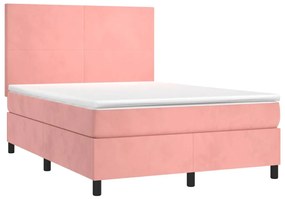 Cama box spring c/ colchão/LED 140x190 cm veludo rosa