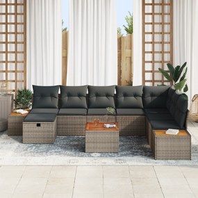 Conjunto de Sofá de Jardim de 9 Peças com Almofadas Cinza de Poliratan