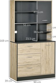 Aparador de cozinha com armário de cozinha com vários compartimentos: 2 portas, 3 gavetas, 3 prateleiras + tabuleiro grande; 90 x 39 x 169 cm; bicolor