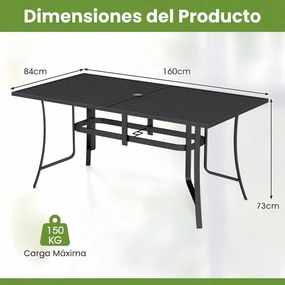 Mesa de jantar de jardim 160 x 84 x 73 cm para 6 pessoas (CADEIRAS NÃO INCLUIDAS), com ripas, orifício para guarda-sol, capacidade de carga de 150 kg,