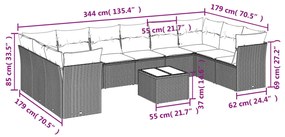 11 pcs conjunto sofás de jardim c/ almofadões vime PE castanho