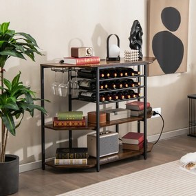 Garrafeira Armário para vinhos Estante de 3 níveis para vinhos com suportes para copos Tomadas eléctricas Estante para vinhos de bar 120 x 40 x 92 cm