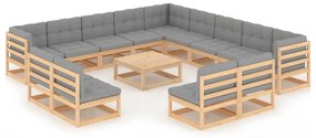 14 pcs conjunto lounge de jardim com almofadões pinho maciço