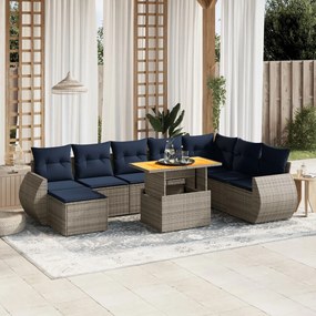 vidaXL 9 pcs conjunto sofás p/ jardim c/ almofadões vime PE cinzento