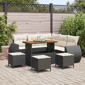Conjunto de Sofá de Jardim de 9 Peças com Almofadas Pretas de Rattan PE Acácia
