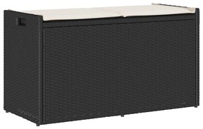 vidaXL Banco de arrumação exterior com almofadão 100 cm vime PE preto