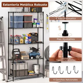 Estante metálica 91 x 35 x 182 cm ajustável de 5 níveis com grelha de arame com capacidade para 565 kg para casa, cozinha, garagem, escritórios Preta