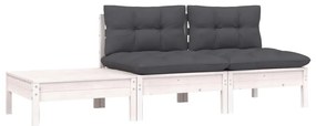 3 pcs conjunto lounge jardim c/ almofadões pinho maciço branco