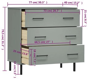 Aparador 3 gavetas 77x40x79,5 cm madeira maciça OSLO cinzento