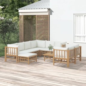 10pcs conjunto lounge de jardim bambu c/ almofadões branco nata