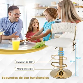 2 bancos de cozinha altos em veludo, altura regulável, giratórios com apoio para pés, para sala de jantar, café, bar, 48 x 47 x 85-107 cm, branco