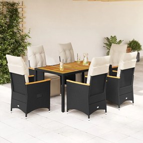7 pcs conjunto de bistrô p/ jardim c/ almofadões vime PE preto