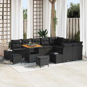 vidaXL Conjunto de Sofá de Jardim de 12 Peças com Almofadas Preto Rattan Acácia