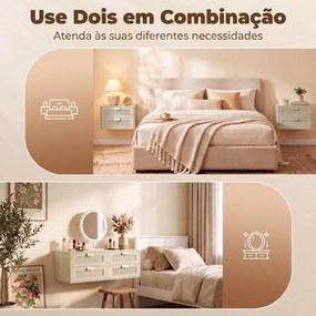 Conjunto de 2 Mesinhas de Cabeceira Suspensas com 2 Gavetas e Frente em Rotim Natural para Quarto 40x30x27,6 cm Carvalho