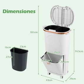 Caixote do lixo de 38 L com duas camadas, 2 caixotes removíveis, pedal e rodas para sala, cozinha e casa de banho, branco