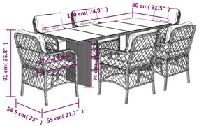 7 pcs conj. jantar p/ jardim c/ almofadões vime PE cinza-claro