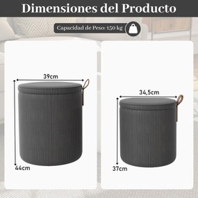 Conjunto de 2 pufes redondos com arrumação, bancos toucador estofados com tampos removíveis e assentos acolchoados, apoio para os pés multiusos Cinzen