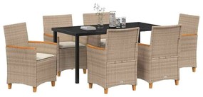 Conjunto de jantar de jardim com 7 peças e almofadas bege em rattan pl