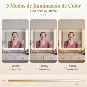 Espelho de maquilhagem com luz, 58 x 46 cm com 3 modos de iluminação regulável e controlo tátil inteligente Branco