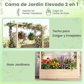 Floreira de jardim 110 x 35 x 227 cm elevada em madeira com treliça, teto suspenso, orifícios de drenagem, abeto, para plantas trepadeiras, natural