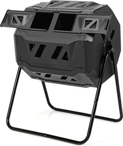 Compostor exterior 160 L,  70 x 65 x 93 cm com Cesto giratório para reciclagem de resíduos orgânicos com câmara dupla e 2 portas deslizantes Preto