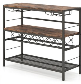 Garrafeira de vinhos de 4 níveis 104 cm Mesa de bar de vinhos com arrumação e 4 filas para copos Estante de vinhos para cozinha Castanho