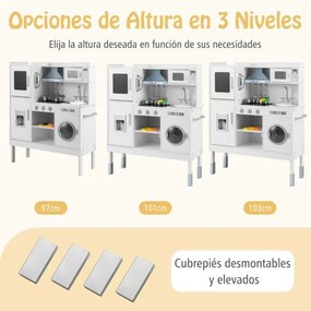 Cozinha de brincar madeira 83 x 29 x 103 cm para crianças a partir dos 3 anos com exaustor, máquina de gelo, telefone, 16 acessórios, sons e luzes rea