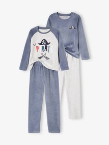 Lote de 2 pijamas piratas, em veludo, para menino azul-acinzentado