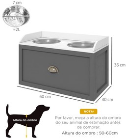 Comedouro Elevado para Cães com 2 Tigelas 2000ml de Aço Inoxidável Gaveta Oculta com Suporte de Madeira 60x30x36cm Cinza