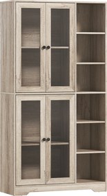 Armário de Cozinha Móvel Auxiliar de Cozinha com Prateleiras Abertas e 4 Portas de Vidro 90x35x172 cm Cinza Claro