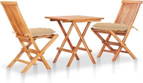 vidaXL Conjunto bistrô c/ almofadões beges 3 pcs teca maciça