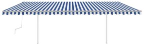 Toldo retrátil manual com postes 6x3 m azul e branco