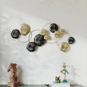 Decoração de Parede em Metal com Forma de Flor de Lótus Adorno para Sala Moderna Decoração 84x35 cm Dourado e Preto