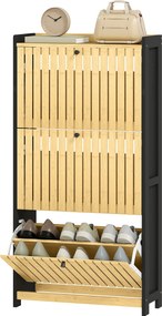 Sapateira com capacidade para 18 pares, com 3 gavetas rebatíveis, portas de bambu com ripas, 60 x 24 x 118 cm, preto e madeira natural